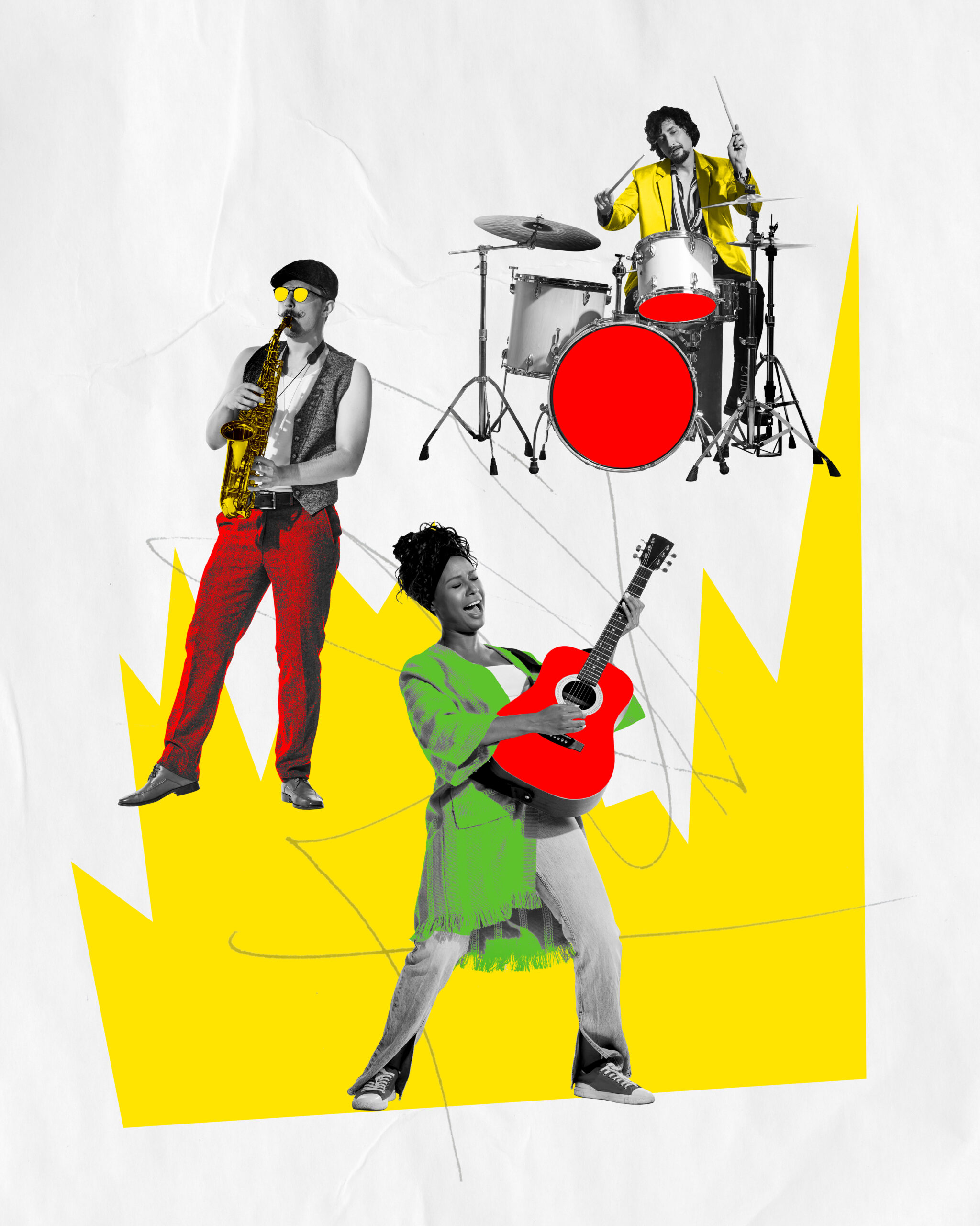 Promotional image for a multi-genre music festival with different musicians. Cover art for an album featuring a mix of jazz, rock, and acoustic tracks.