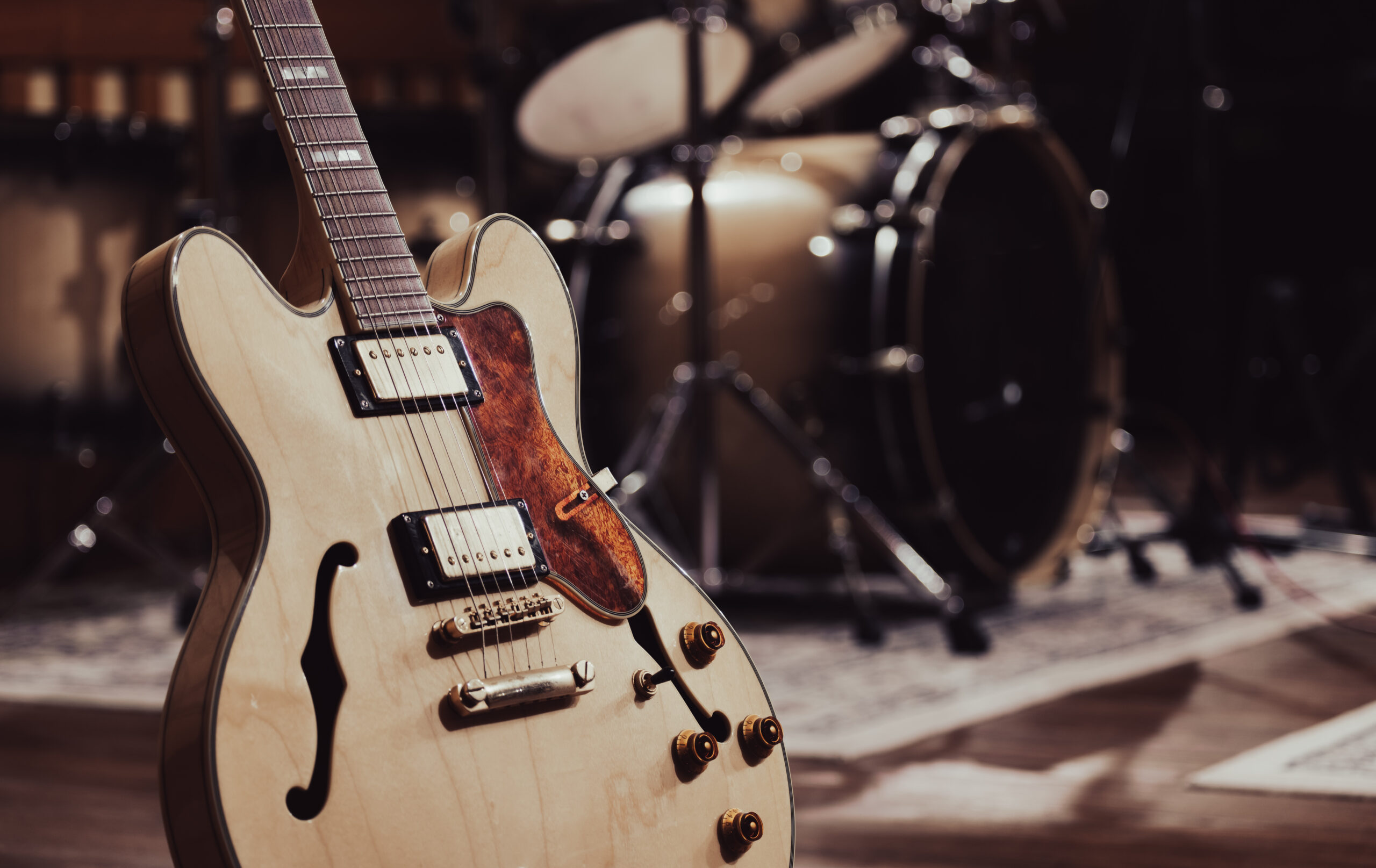 Electric guitar close up on music studio room stage no people