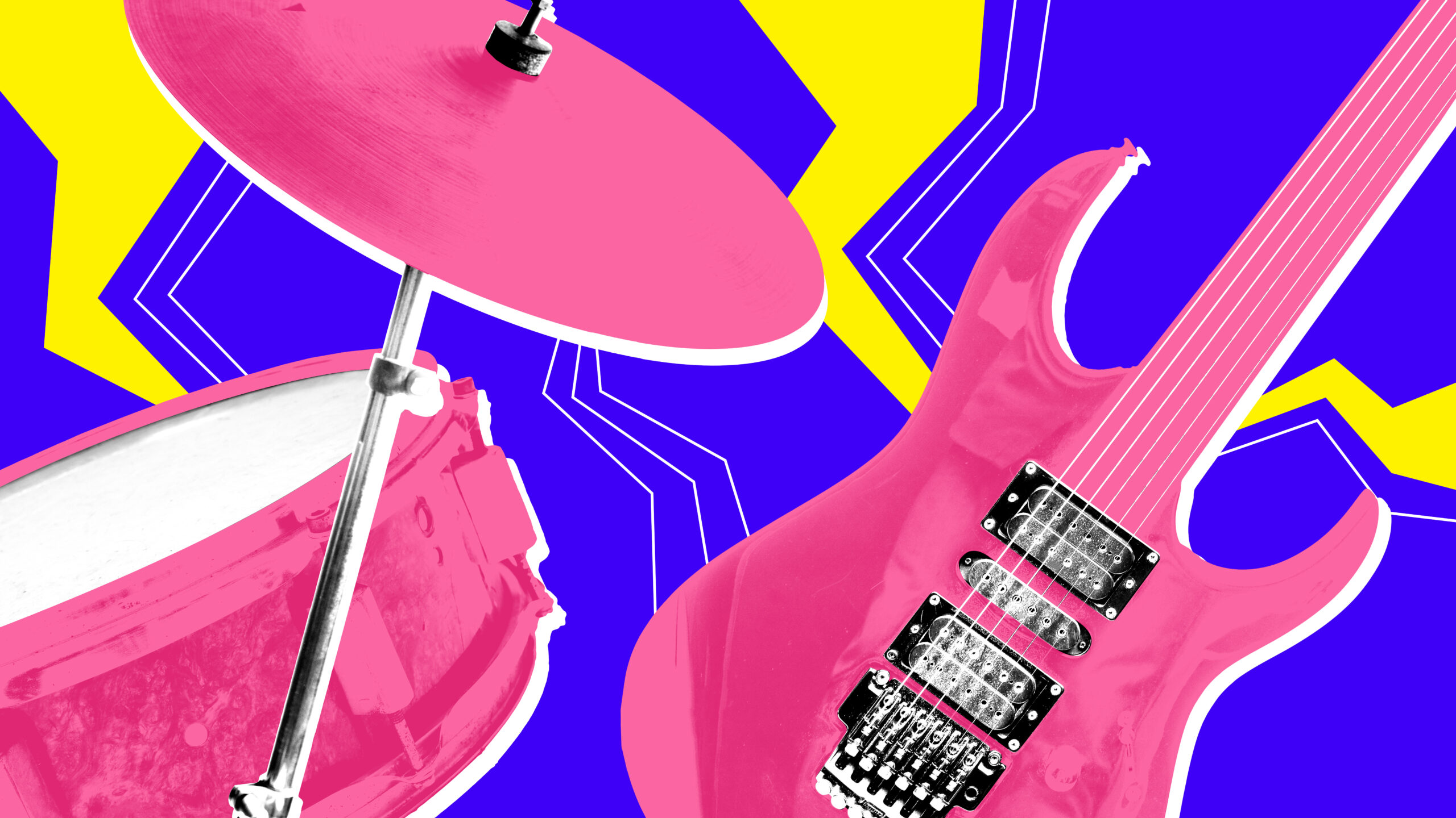 Poster. Modern artwork. Pink drum and electric guitar with sharp lightning in yellow-blue Memphis design, evoking stage movement. Performance energy